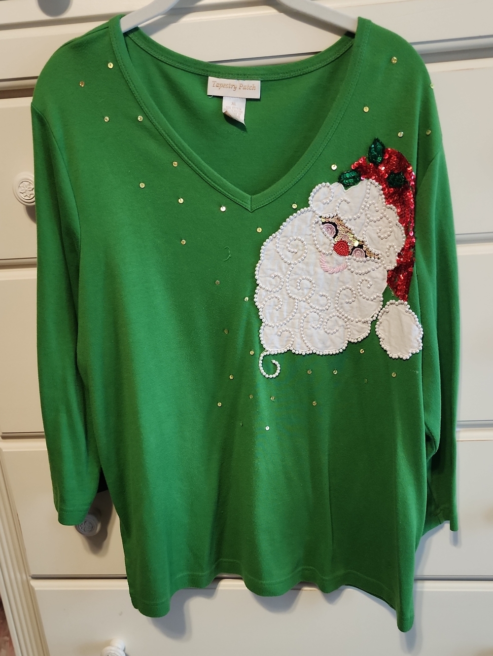 Women's Tapestry Patch Green Santa Top 3/4 Sleeves Size XL